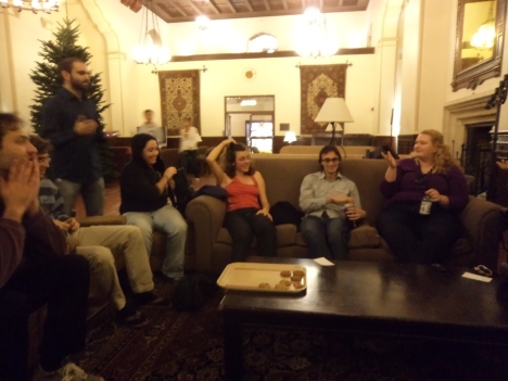 Look at his smile! Its definitely him! Residents Sunshine(John), Wicher, Critsch, Meghan, Helene, Joe and Rachel (from left) at a game of Mafia in the Great Hall.
