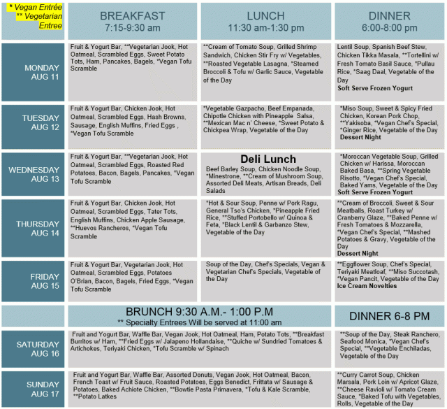 August 11-17 Dining Menu