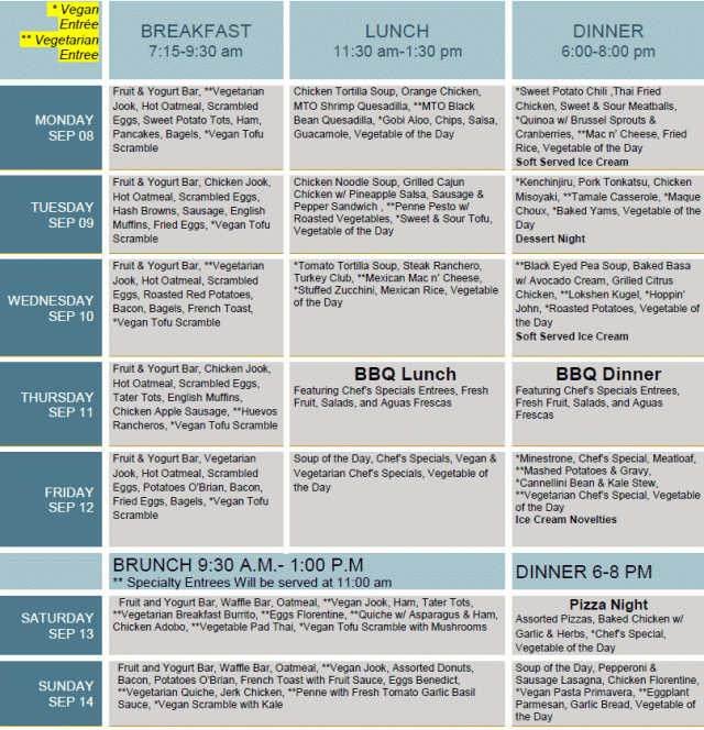 September 8-14 Dining Menu