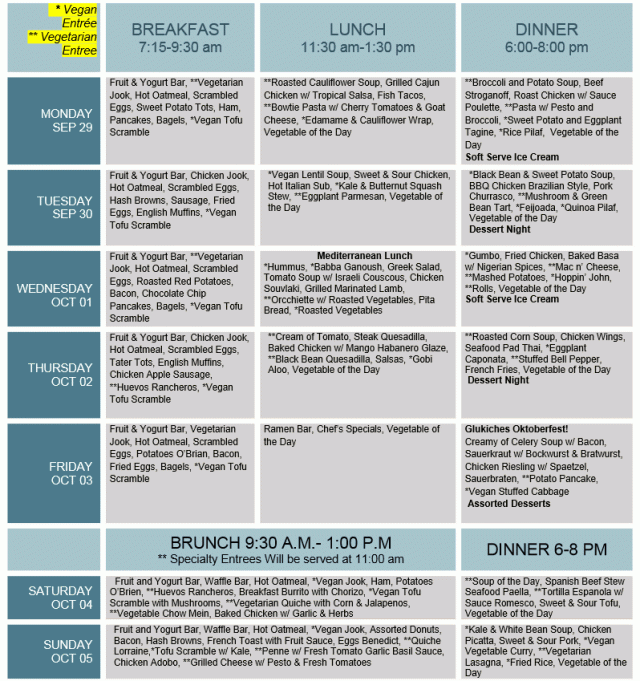 Dining Menu Sept. 29 - Oct. 4