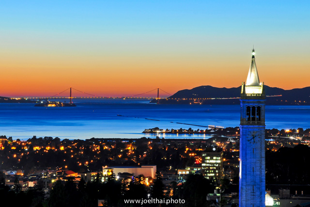 Blue Campanile and Golden Gate at Sunset. Click to enlarge. http://joelthai.photo
