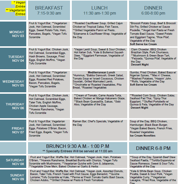 November 3-9 Dining Menu