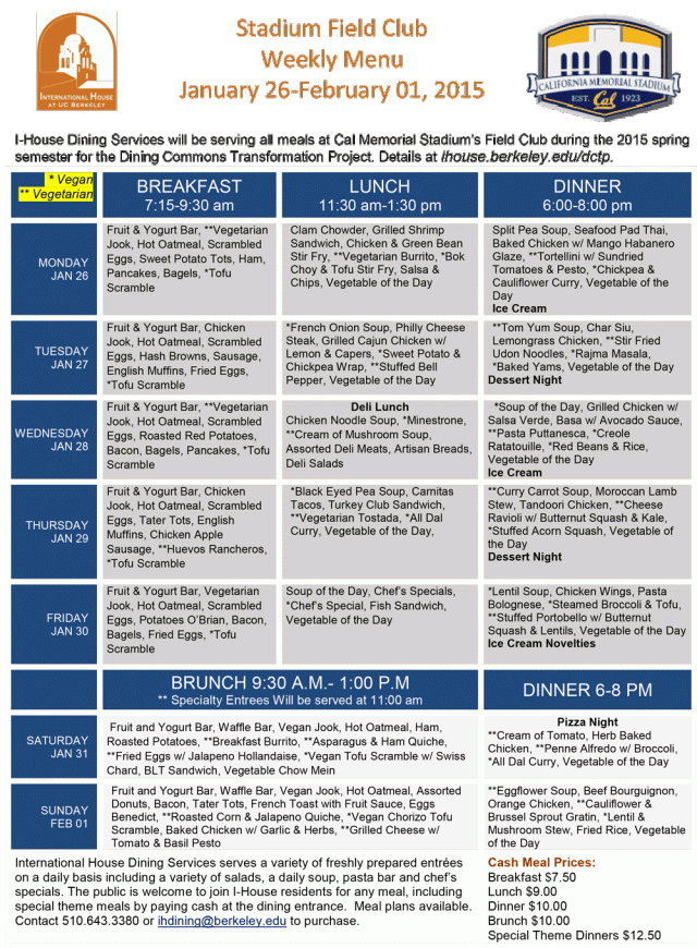 January 26 - February 1 menu