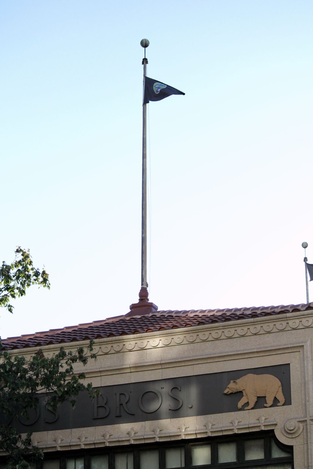 A bear relief sculpture walks on the side of the sign to a shop.
