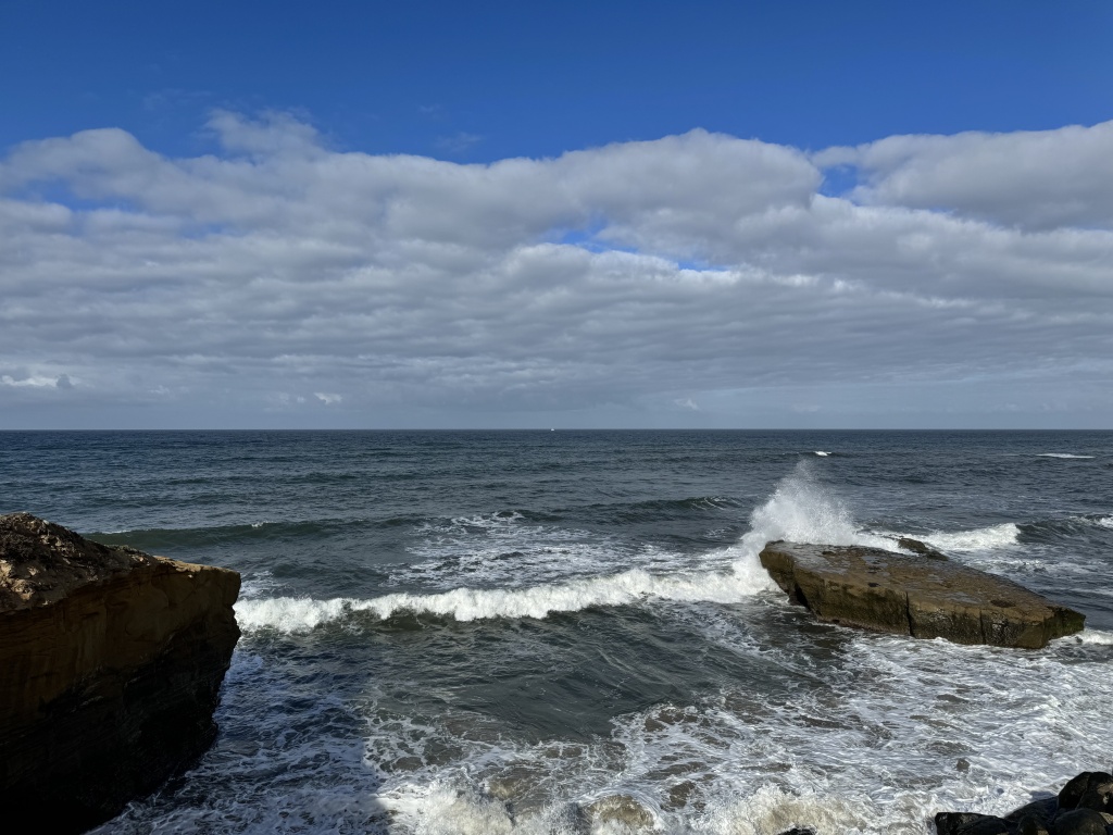 A photo of waves lashing against sharp rocks.