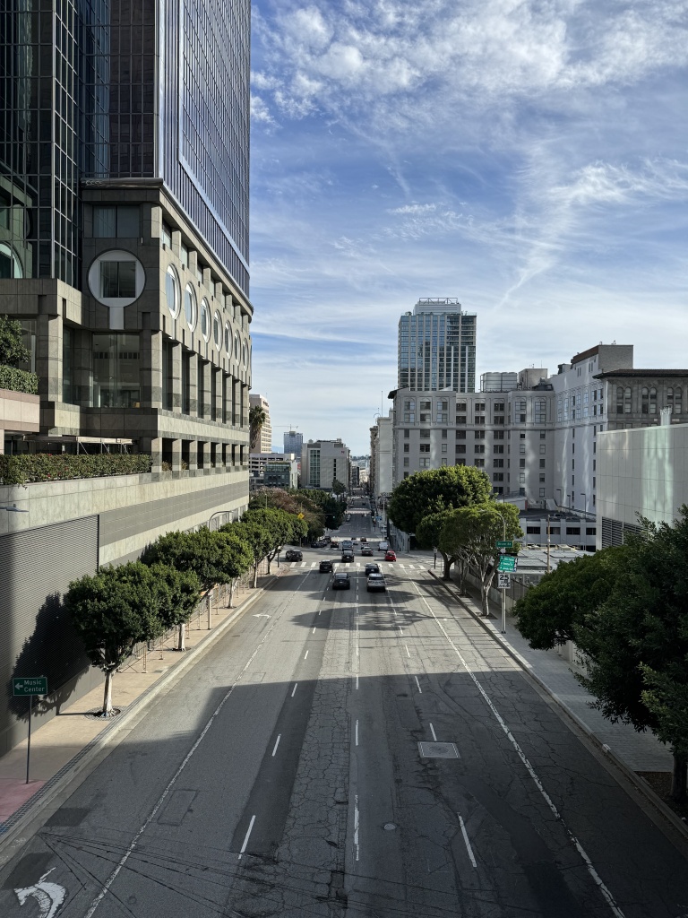 A linear view of a downtown LA road.