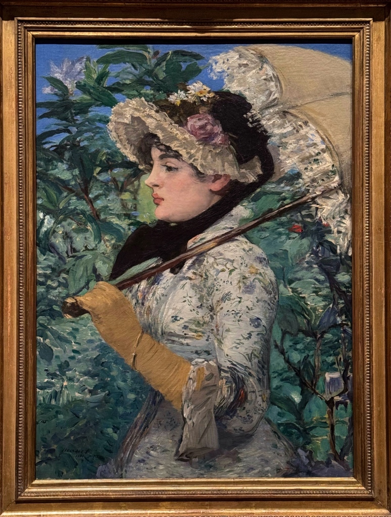 Painted portrait of girl holding umbrella in laced clothes.