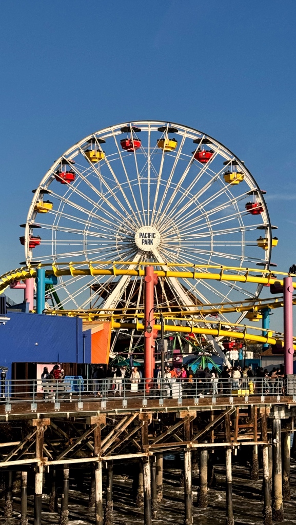 A ferris wheel in bright colors.