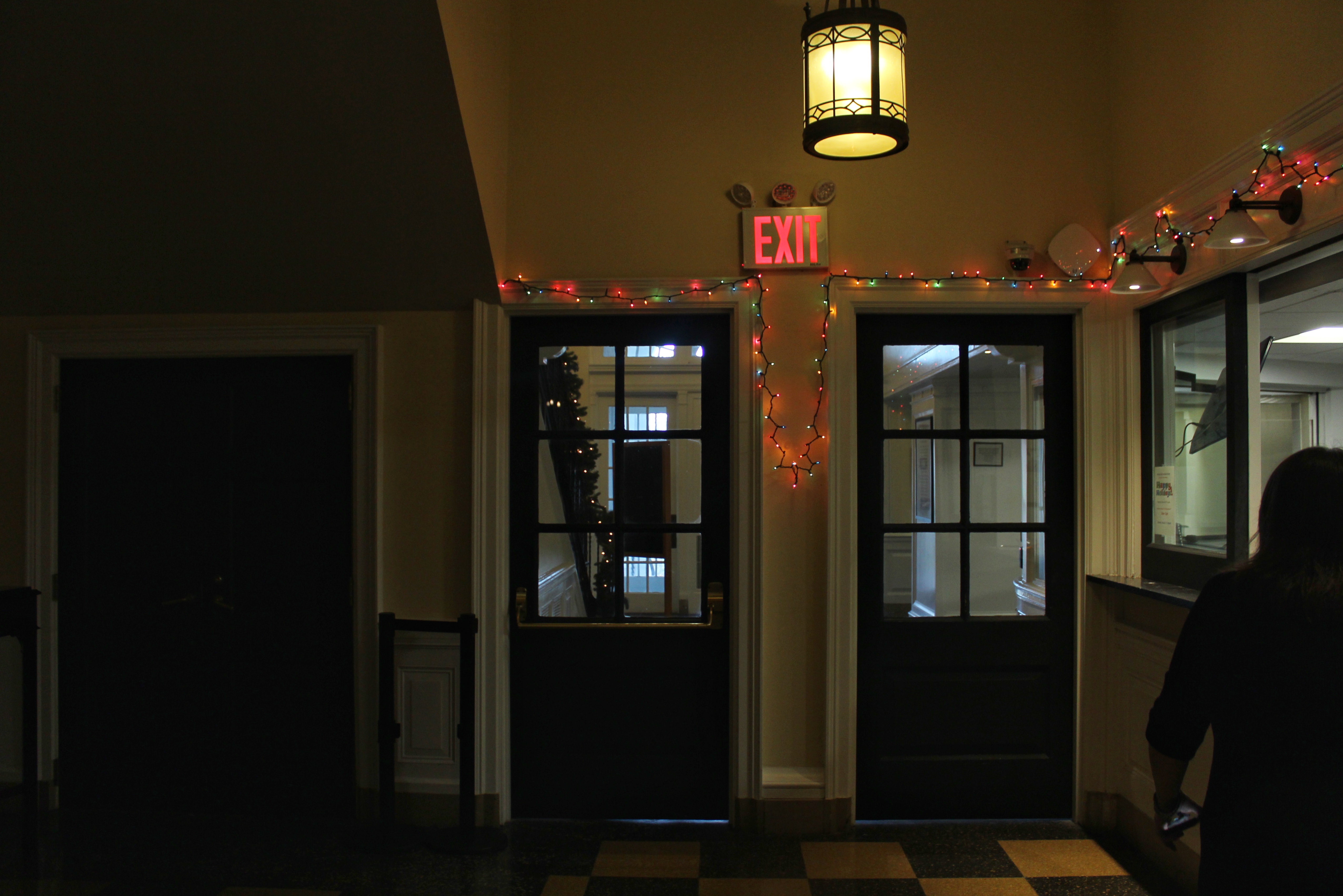 An exit sign with Christmas lights.