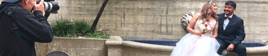 I-House couple doing wedding photos on the patio